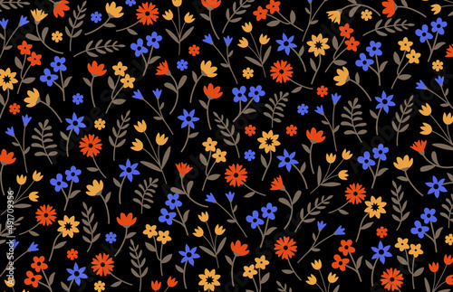 Wallpaper Mural Seamless floral pattern. Ditsy background of small  flowers and green leaves. Small-scale flowers scattered over a back background. Stock vector for printing on surfaces, fabrics and web design. Torontodigital.ca