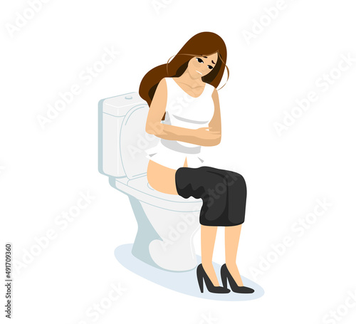 Woman pissing or pooping in WC. Girl with diarrhea or constipation sitting on toilet bowl in lavatory. Female person suffering from cystitis or hemorrhoids. Medicine concept vector eps illustration