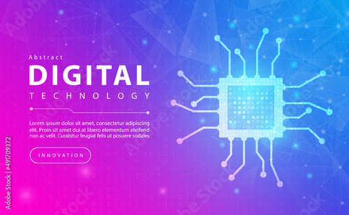 Digital technology electronic chip banner pink blue background concept with technology, microprocessor computer electric, future line light effects, abstract tech, illustration vector graphic design