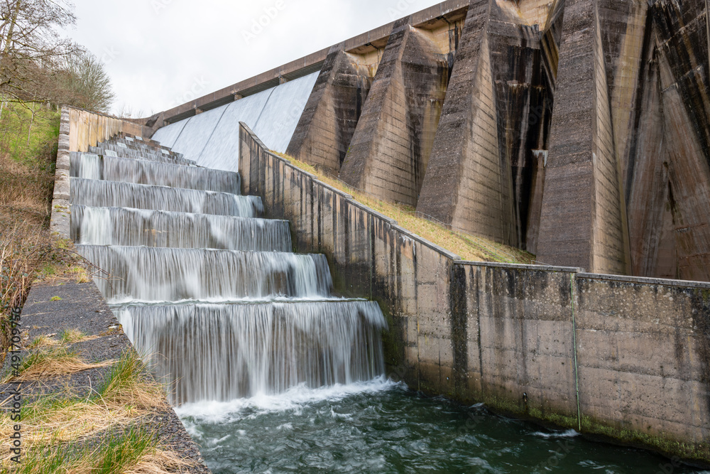 Long exposure of the waterfall flowing over Wimbleball dam at Wimbleball lake in Somerset