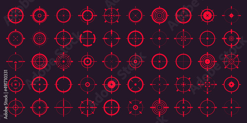 Crosshair, gun sight vector icons. Bullseye, red target or aim symbol. Military rifle scope, shooting mark sign. Targeting, aiming for a shot. Archery, hunting and sports shooting. Game UI element.