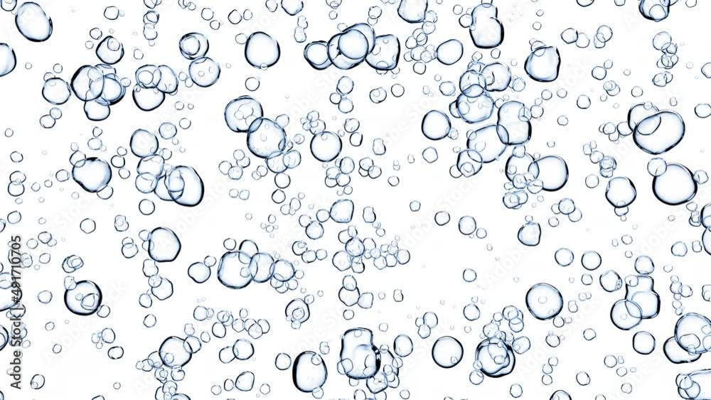 Fizzing air bubbles or carbonated beverage underwater on white background looping with luma matte