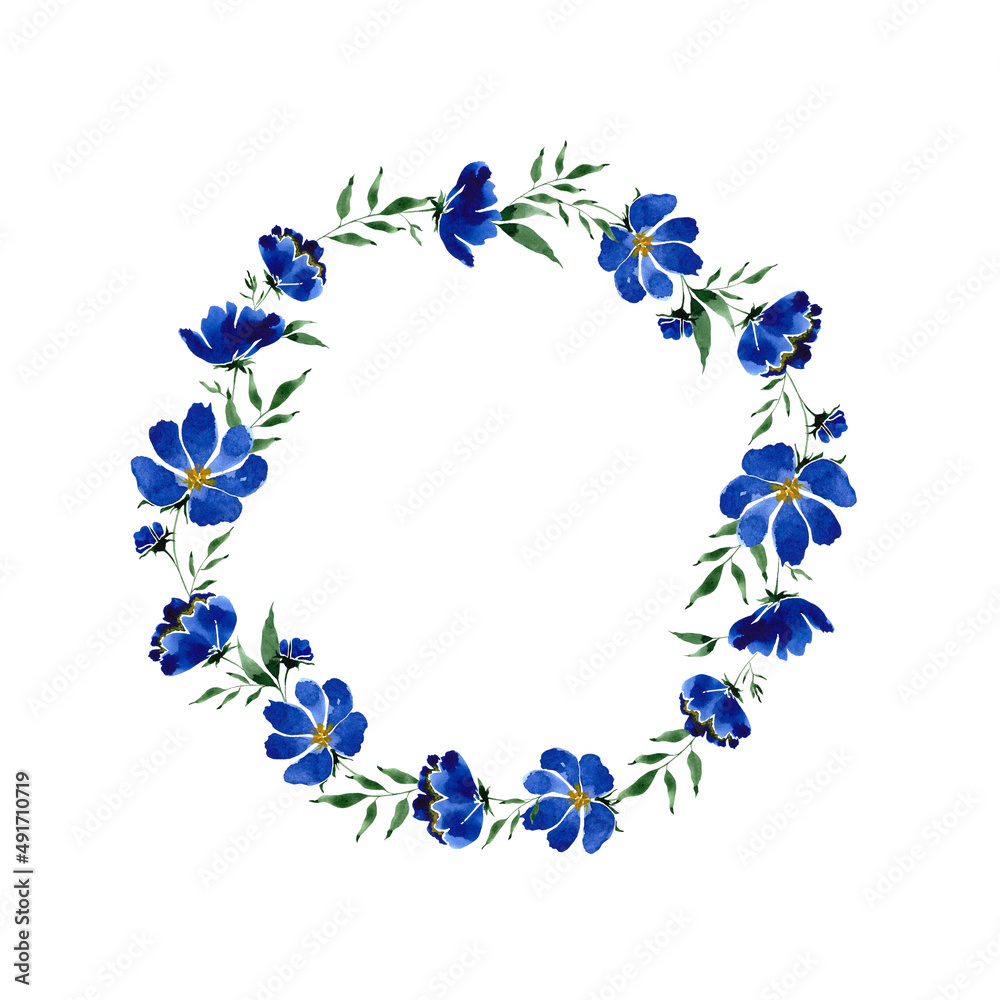 Watercolor blue flowers wreath isolated on white background. Spring illustration for greeting cards, wedding invitations, quote and decorations.