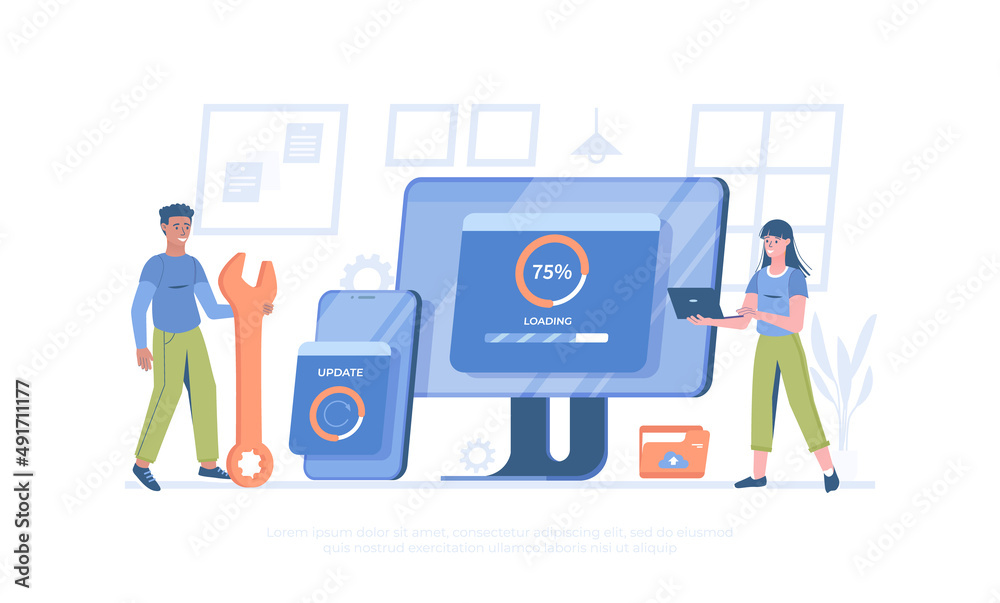 System Update. Programmers upgrading operation system, software, programs, applications. Data synchronize process. Cartoon modern flat vector illustration for banner, website design, landing page. System Update. Programmers upgrading operation system, software, programs, applications. Data synchronize process. Cartoon modern flat vector illustration for banner, website design, landing page.