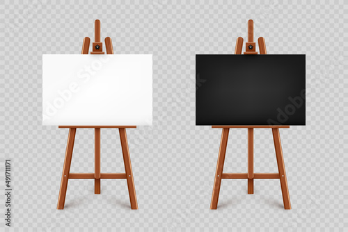 Realistic paint desk with blank black and white canvas. Wooden easel and a sheet of drawing paper. Presentation board on a tripod. Artwork mockup, template. Vector illustration