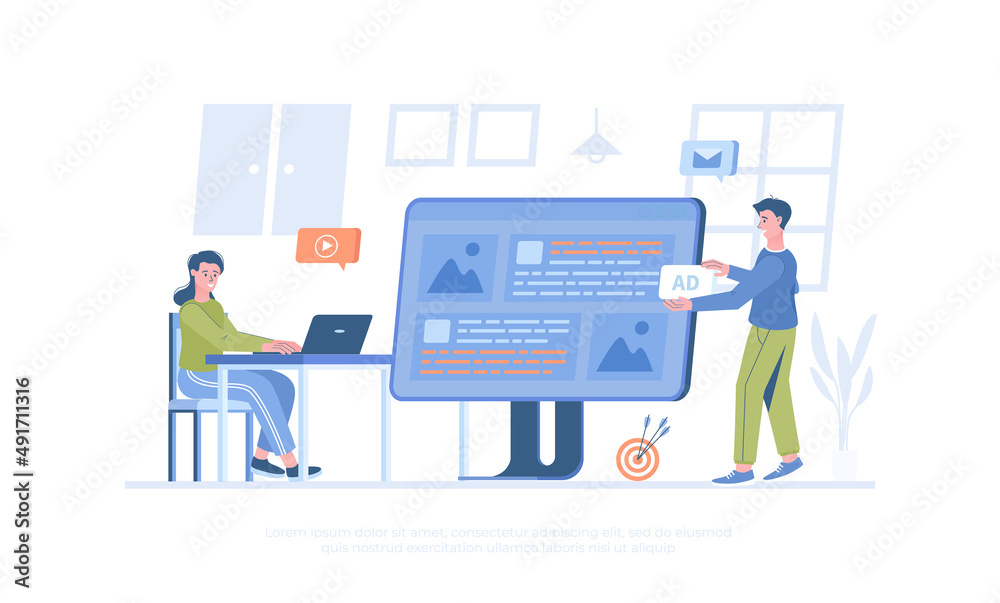 Native advertising. Promotion strategy using Content marketing, Sponsored articles. Cartoon modern flat vector illustration for banner, website design, landing page.