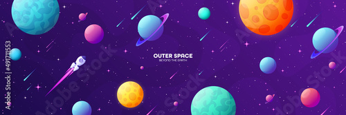 Space futuristic modern colorful background with rocket. Starship, spaceship in night sky. Solar system, galaxy and universe exploration. Vector illustration.