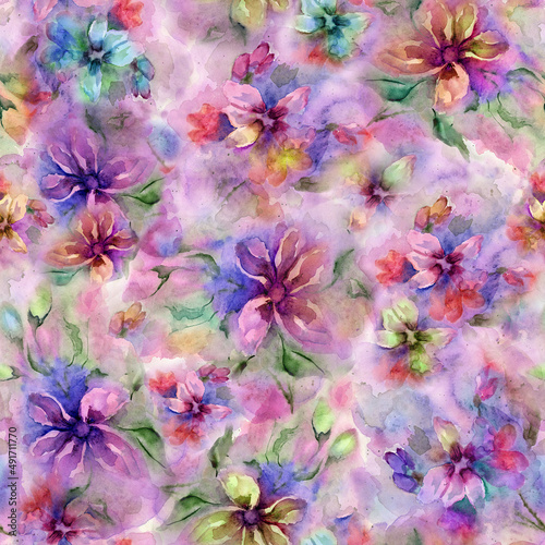 Seamless pattern with small gentle daisy flowers on colorful watercolor background. Watercolor floral illustration. Hand painting. Can be used for wallpaper, fabric, wrapping paper.