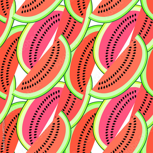 Vector seamless pattern with watermelon slices. Colorful hand-drawn repeatable background. Summer fruits with seeds backdrop.