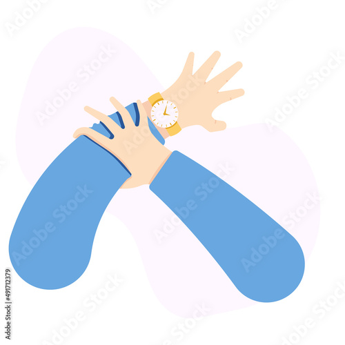 An illustration with a watch on his hand, a man checks the time on his watch. The concept of an illustration about the passing of time, haste and organization of working time. Vector illustration