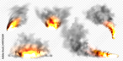 Realistic black smoke clouds and fire. Flame blast, explosion. Stream of smoke from burning objects. Forest fires. Transparent fog effect. Vector design element.