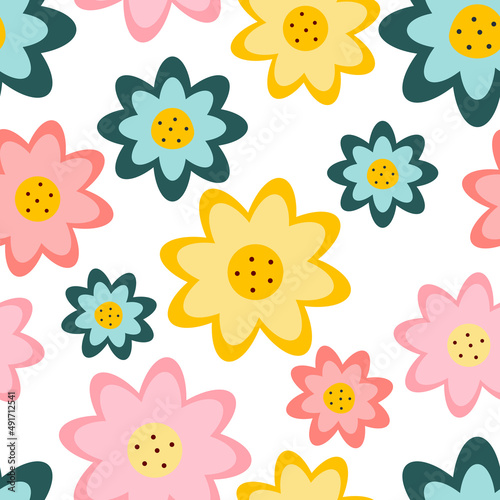 Colored flowers semless pattern. Cartoon style.
