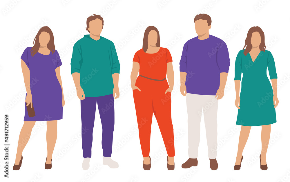 Fototapeta premium Set of fat men and women, different colors, cartoon character, group of silhouettes of standing business people, the design concept of flat icon, isolated on white background