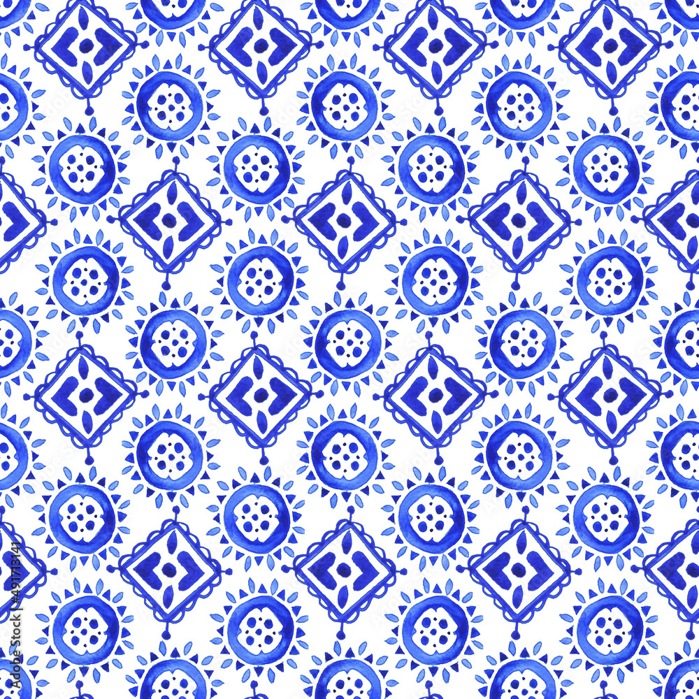 Watercolor Hand Drawn Seamless Blue Ethnic Ornaments Pattern