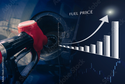 Graphs show a grow in the price level gasoline fuel on background pumping gasoline fuel nozzle to refuel. Petrol price and oil crisis concept photo