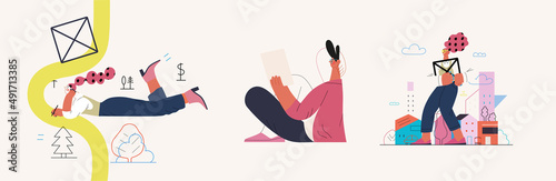 Startup illustrations set. Flat line vector modern concept illustration of people, startup metaphor. Concept of building new business, planning, strategy, teamwork and management. Company processes