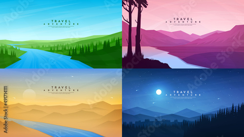 Vector illustration. Abstract background set. Minimalist style. Flat concept wallpapers. Landscape collection. Green meadow with water stream, sunset evening scene, desert, night with moonlight
