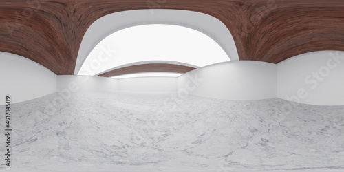 Fototapeta Naklejka Na Ścianę i Meble -  360 degree full panorama environment map of empty studio with big lights and wood panels and marble floor 3d render illustration hdri hdr vr virtual reality