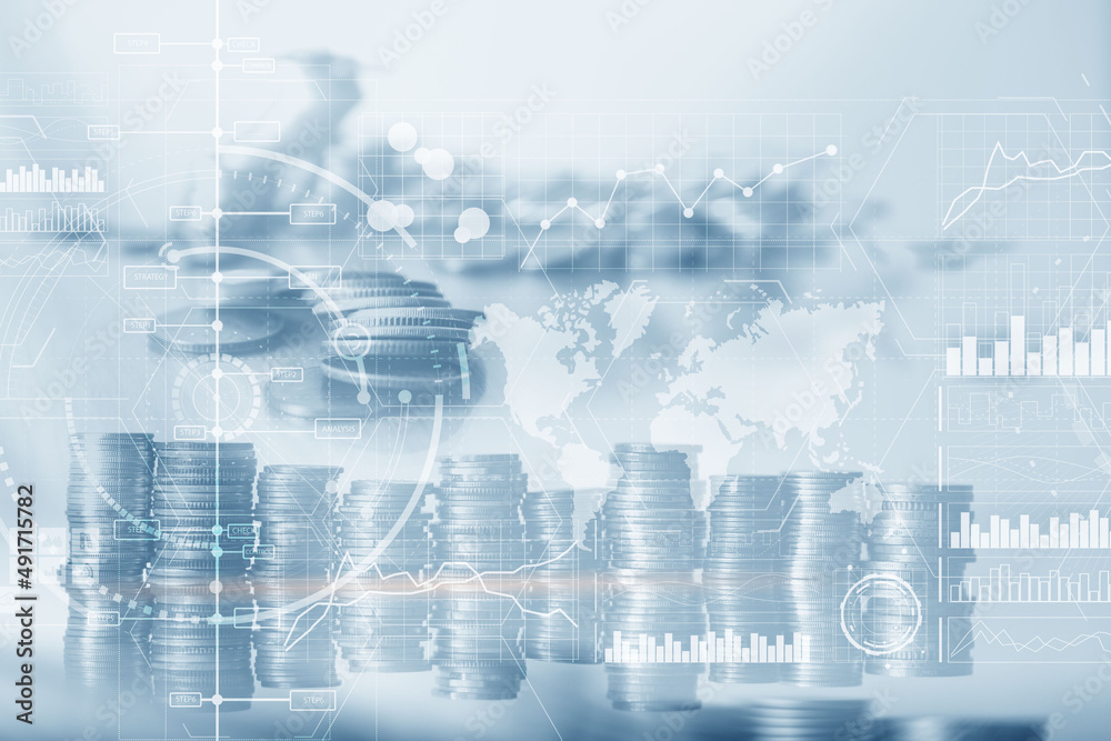 Financial dashboard with business intelligence BI. Blurred businessmen in the office