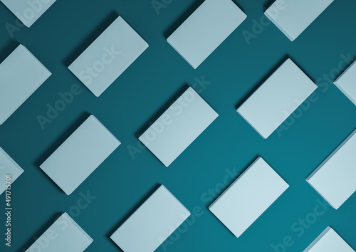 Fototapeta Naklejka Na Ścianę i Meble -  Dark teal, aqua blue, 3D render minimal, simple, modern top view flat lay product display from above background with repetitive square stands in a pattern