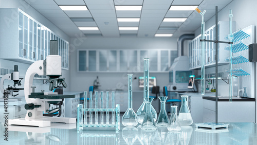 Laboratory workplace interior with blurred background. 3d illustration