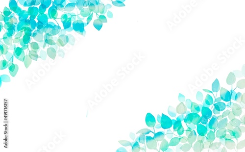 水彩画。水彩タッチで描いた草木の装飾フレーム。透明水彩の綺麗な葉っぱイラスト。緑のハーブの装飾枠。Watercolor. Decorative frame of plants and trees painted with watercolor touch. Beautiful leaf illustration in transparent watercolor. Decorative frame