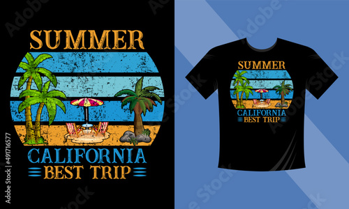 Summer California Best Trip T-Shirt Vector illustration on the theme of California. Grunge background. Typography, t-shirt graphics, print, poster, banner, flyer, postcard
