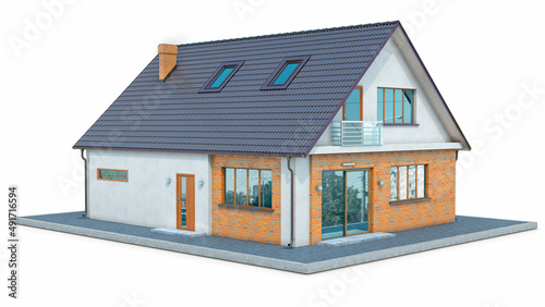 Living house with metal roofing tiles isolated on the white background. 3d illustration © vipman4