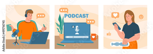 Concept of podcast. Collection of images with audio recording in studio. Set of images with bloggers, online courses and education. Cartoon flat vector illustrations isolated on white background