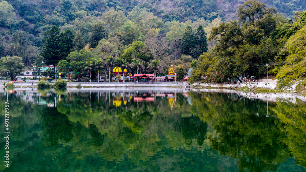 Distand view of Renuka Ji Temple and Parshuram Tal (Lake) a popular Hindu religious site in Nahan, Himachal Pradesh