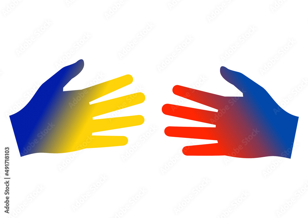 Hand shake and peace symbols for the war between Russia and Ukraine