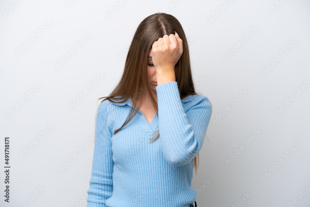 Young Lithuanian woman isolated on white background with headache Young Lithuanian woman isolated on white background with headache