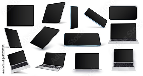 Realistic laptop, mobile phone, computer monitor screen. Electronic equipment advertisement banner. Device in perspective and isometric view.  Smart technology vector scene. Vector illustration