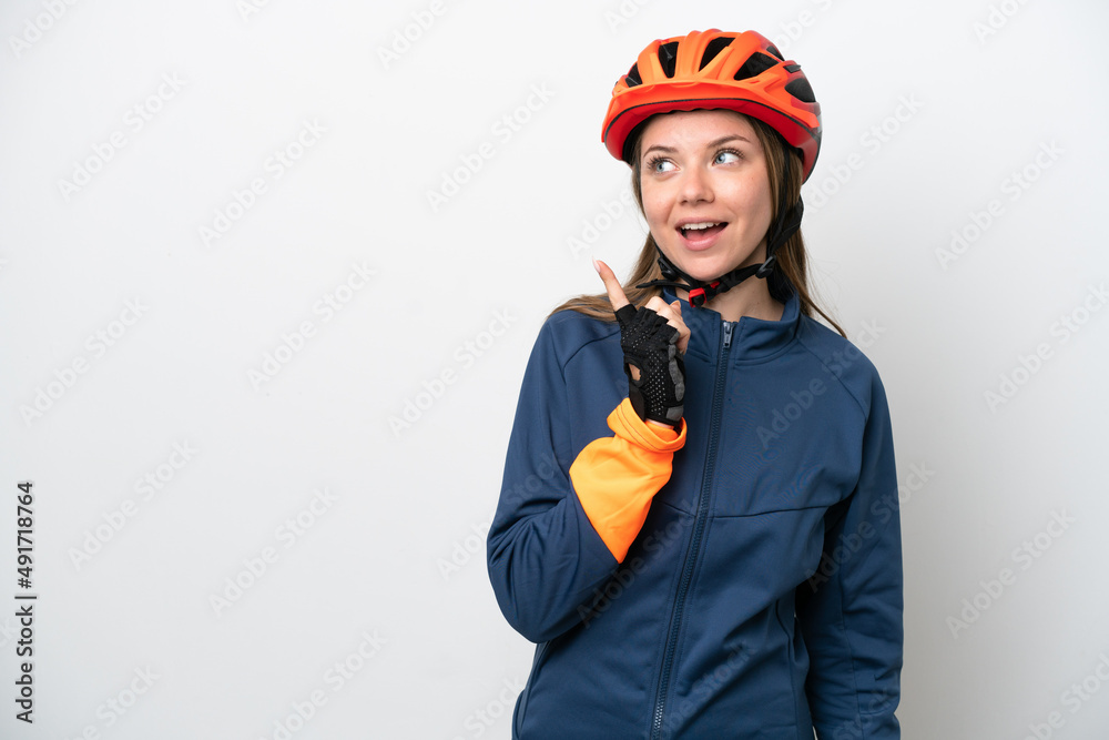 Young cyclist Lithuanian woman isolated on white background intending to realizes the solution while lifting a finger up Young cyclist Lithuanian woman isolated on white background intending to realizes the solution while lifting a finger up