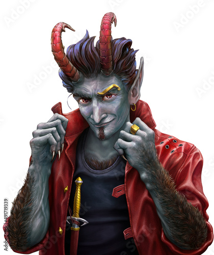 Fotografiet Fantasy satyr in a red leather jacket turns up his collar