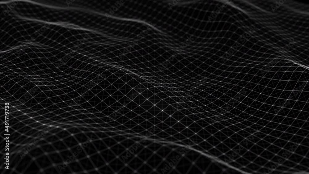Flowing smooth Plexus terrain waves background. Grid, mesh of dots and lines. Big data connection. Seamless loop animation