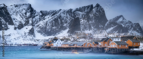 Beautiful winter Norway landscape - lofoten islands - Sakrisoy village