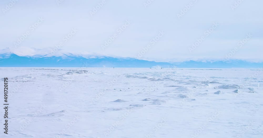 Lake Baikal, Mountains, Forest, Ice In Winter, Day, Sun, Aerial Lake Baikal, Mountains, Forest, Ice In Winter, Day, Sun, Aerial