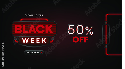 Black Friday Week Sale Promo Background. Black Friday web banner for promotion goods. Modern neon red billboard. Advertising for seasonal offer with neon text. Vector illustration. photo