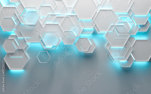Fondo blanco brillante de tecnología y ciencia. Ilustración 3d. Formas geométricas y luces modernas de neón azul y fondo en blanco.