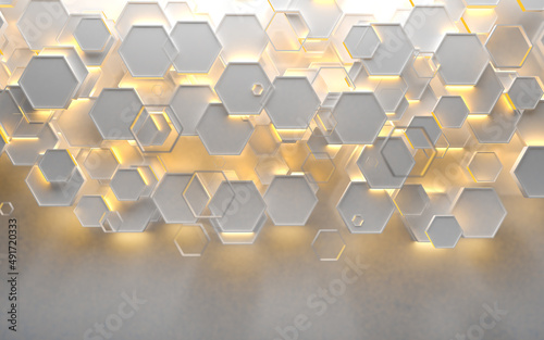 Fondo blanco brillante de tecnología y ciencia. Ilustración 3d. Formas geométricas y luces modernas de neón amarillo y fondo en blanco.