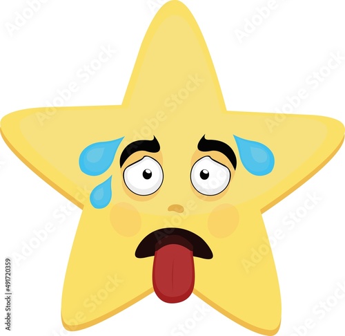 Vector cartoon character illustration of a star with an exhausted expression, with his tongue hanging out and drops of sweat