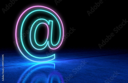 Signo 3d con luces de neón. Símbolo de correo electrónico y espacio de copia para las cartas de Internet, contáctenos y dirección de correo electrónico.