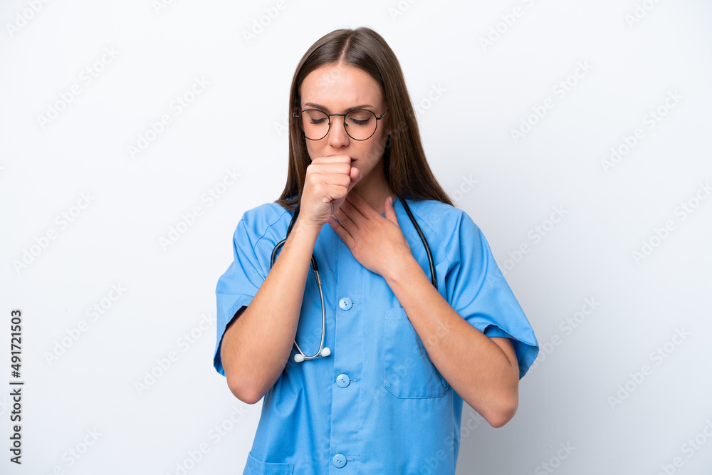 Young nurse caucasian woman isolated on white background is suffering with cough and feeling bad Young nurse caucasian woman isolated on white background is suffering with cough and feeling bad