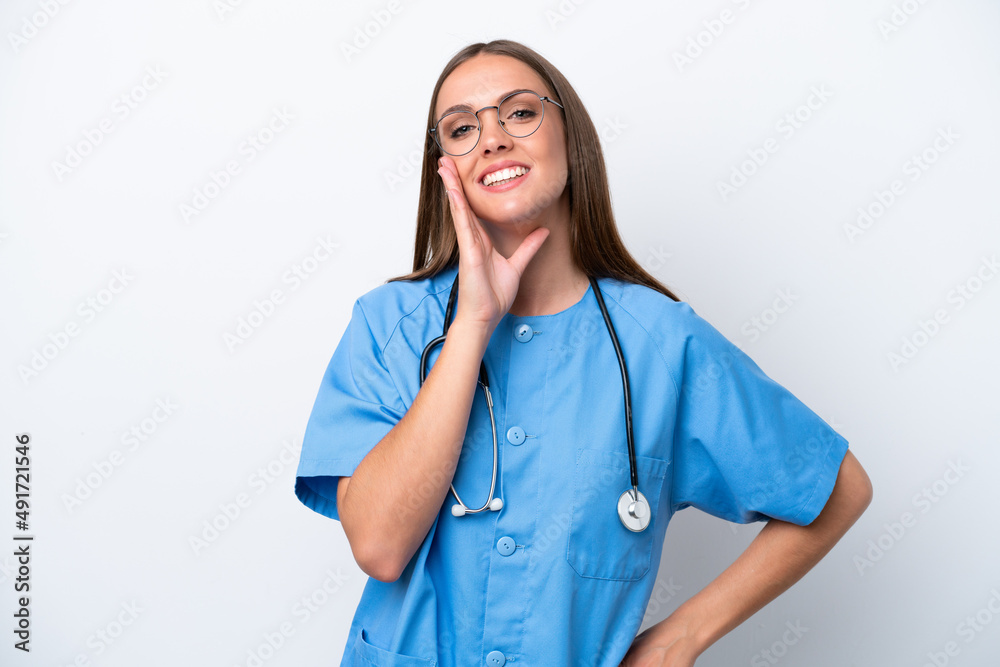 Young nurse caucasian woman isolated on white background shouting with mouth wide open Young nurse caucasian woman isolated on white background shouting with mouth wide open
