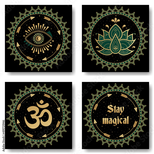 Set of Mystic symbols folk illustration. Magical mandala round shape