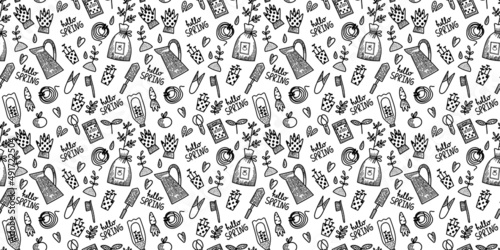 Vector seamless pattern. Spring summer gardening collection in doodle hand drawn style. Surface design. Equipment for Growing plants watering can  boots  seeds  gloves  vegetables  seedlings.