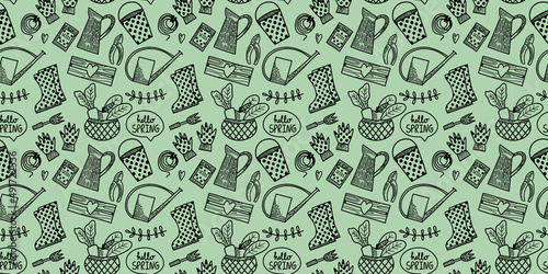 Vector seamless pattern. Spring summer gardening collection in doodle hand drawn style. Surface design. Equipment for Growing plants watering can, boots, seeds, gloves, vegetables, seedlings.
