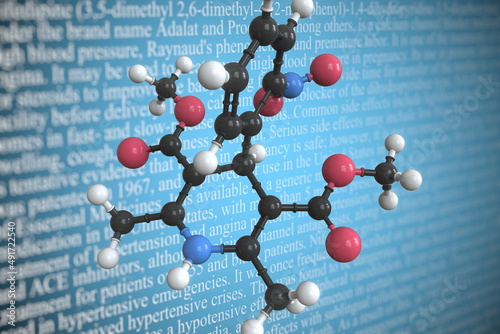 Nifedipine scientific molecular model, 3D rendering