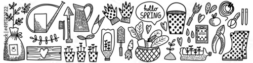 Vector set of elements. Spring summer gardening collection in doodle hand drawn style. Equipment for Growing plants watering can, boots, seeds, gloves, vegetables, sedlings. Nature, garden